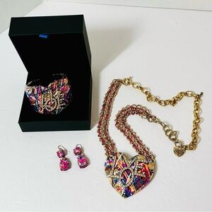 Betsey Johnson Love 3 pc set Heart Gold tone Pendant Necklace, Cuff Bracelet
